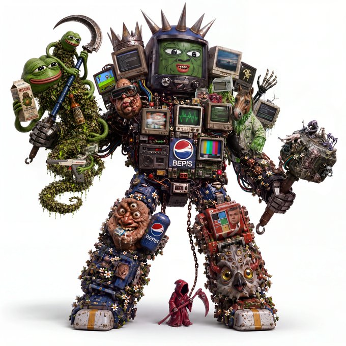 A chaotic 3D render of a giant mecha made entirely of miscellaneous objects including TVs, Pepsi ('BEPIS') cans, grimacing faces, an owl, a pepe frog, a grim reaper, flowers, and vines.