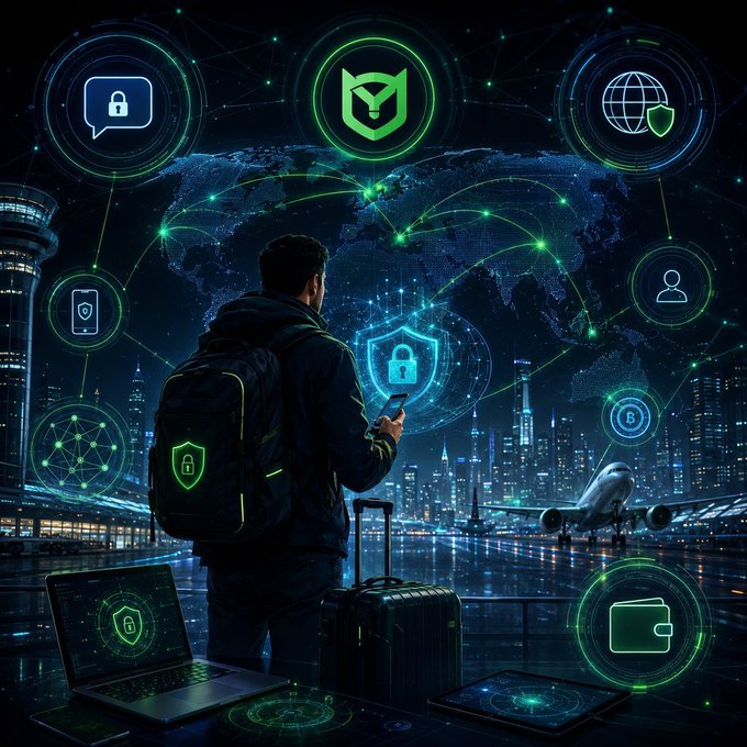 A digital illustration shows a traveler with a backpack and suitcase looking at a glowing world map surrounded by security and connectivity icons, symbolizing global cyber protection.