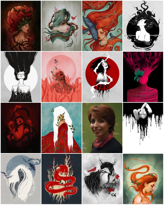 A 4x4 grid collage of artistic illustrations mostly featuring female figures with flowing hair in red, black, and white tones, with one photograph of a smiling woman in the third row.