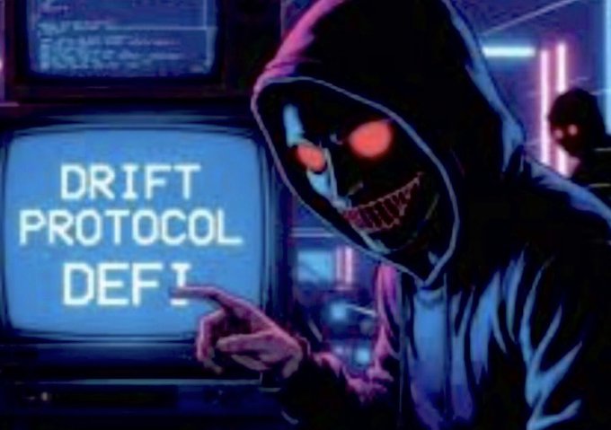 A stylized, dark illustration of a hooded figure with glowing red eyes and a creepy smile pointing at a vintage CRT monitor displaying the text 'DRIFT PROTOCOL DEFI'.