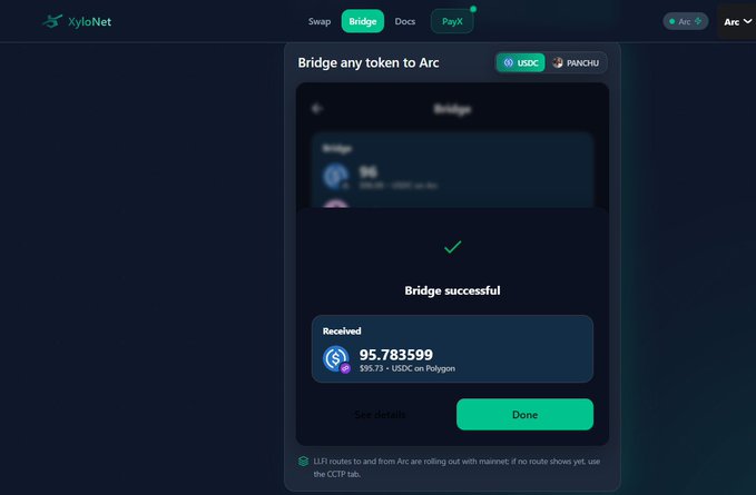 A screenshot from the XyloNet web interface showing a successful token bridge transaction titled 'Bridge successful' where 95.783599 USDC was received on Polygon, with a green 'Done' button visible.