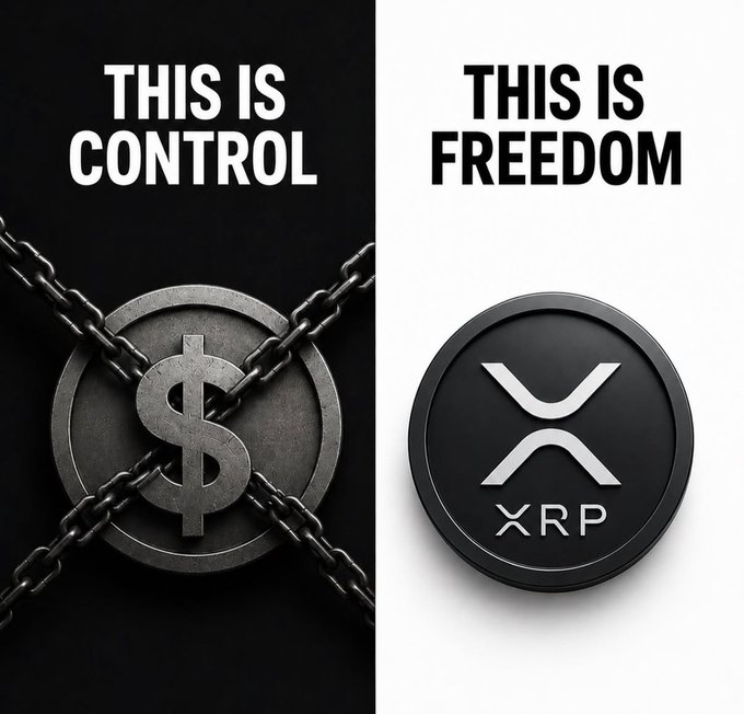 A split image juxtaposing a chained dollar symbol labeled "THIS IS CONTROL" against an unchained XRP token labeled "THIS IS FREEDOM," visually contrasting centralized currency with crypto autonomy. The image fits the "Gm" morning vibe by presenting XRP as a liberating alternative to traditional financial systems—a hopeful dawn for decentralization advocates.