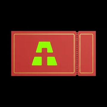 A simple red rectangular ticket or pass featuring a stylized green 'A' logo on a black background.