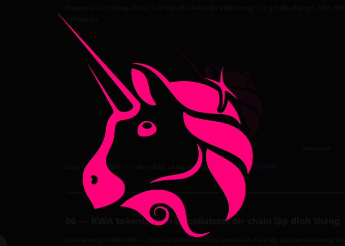 A pink unicorn logo overlaid on a dark background featuring Vietnamese text about cryptocurrency, including mentions of 'UNI' token and 'RWA tokenization'.