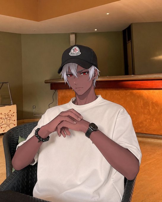 An anime character with white hair, red eyes, and a black cap sits at a table with hands clasped together.