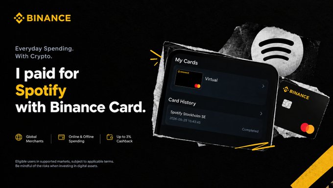 A Binance advertisement featuring the text 'Everyday Spending. With Crypto. I paid for Spotify with Binance Card' alongside a phone showing the app and a physical Binance card.