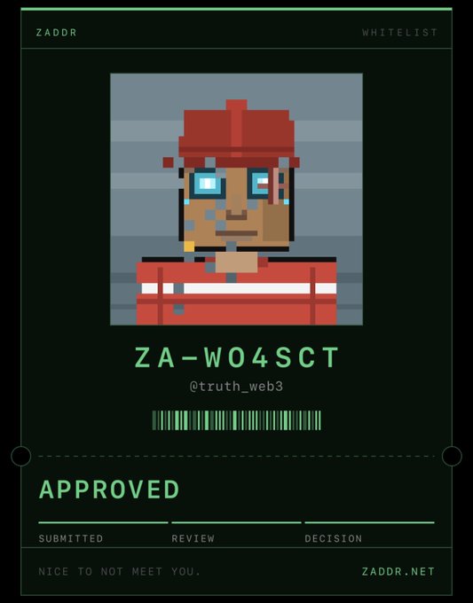 Digital approval card from ZADDR (zaddr.net) featuring a pixel art character in a red cap, with the code 'ZA-W04SCT', username '@truth_web3', and status marked 'APPROVED'.
