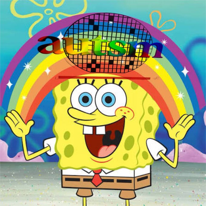 A colorful meme image of SpongeBob SquarePants smiling with arms raised in front of a rainbow background, with a disco ball above him displaying the word 'autism' in multicolored rainbow letters.