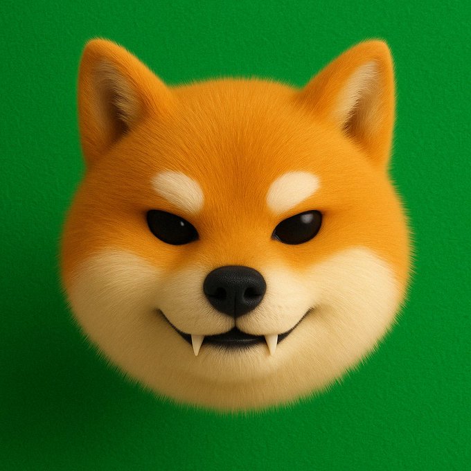 A 3D-rendered Shiba Inu head with sharp little fangs glares against a bright green background—matching the playful "Gm Oscar Army" vibe with its grumpy, meme-worthy expression.
