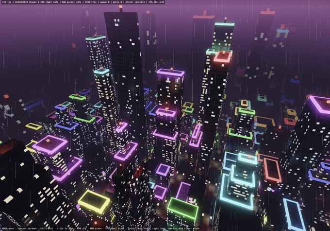 A stylized, low-poly 3D rendering of a cyberpunk city at night, featuring tall black skyscrapers adorned with glowing neon outlines in various colors.