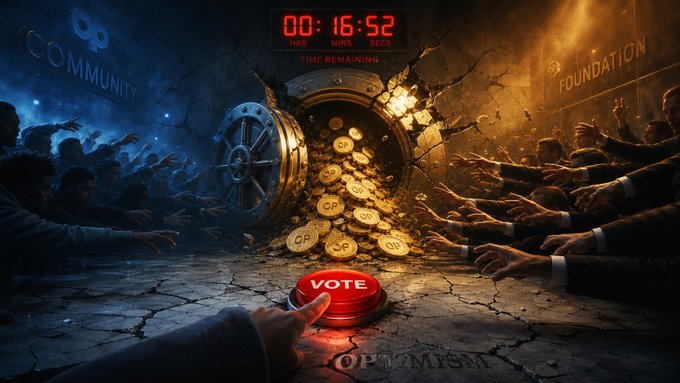 A digital illustration showing two hands reaching toward a vault of coins, with a finger pressing a 'VOTE' button and labels for 'COMMUNITY' and 'FOUNDATION'.