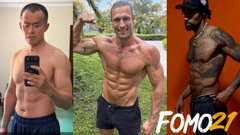 A before-and-after fitness transformation graphic from FOMO21 showing three images of a muscular man, demonstrating his bodybuilding physique journey.