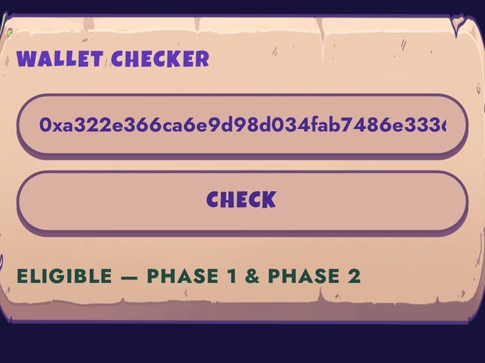 A stylized "Wallet Checker" interface displays the Ethereum address "0xa322e366ca9e9d98d034fab7486e3336" with a confirmation result reading "ELIGIBLE — PHASE 1 & PHASE 2," supporting the post's message inviting others to mint Unvault alongside them.
