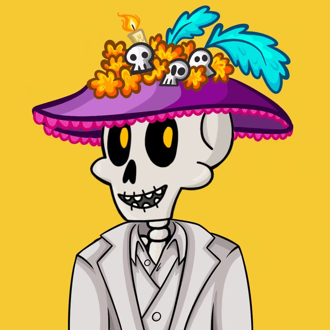 A cartoon illustration of a skeleton wearing a purple sombrero adorned with skulls, marigolds, and a candle, dressed in a white suit against a yellow background.