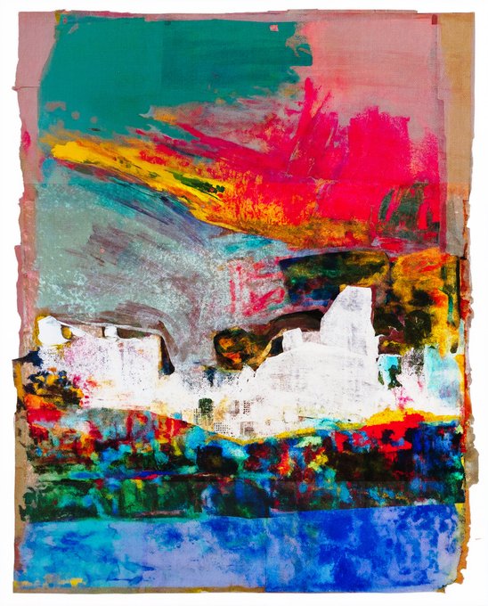 A vibrant abstract mixed-media painting featuring bold brushstrokes in teal, magenta, yellow, white, and blue, depicting what appears to be a landscape or cityscape scene.