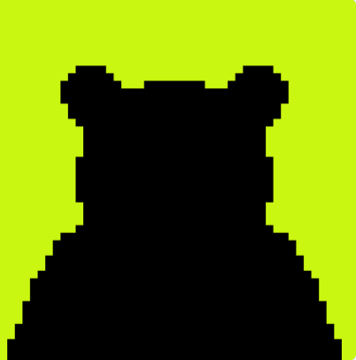 A pixelated black silhouette resembling a stylized cat or bear head against a bright yellow-green background.