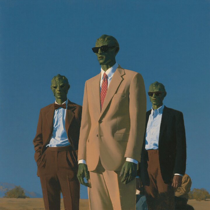 The image features three men dressed in suits, each wearing sunglasses and standing next to one another against a blue sky background. The man at the center of the group appears to be the main subject or focal point of the scene.