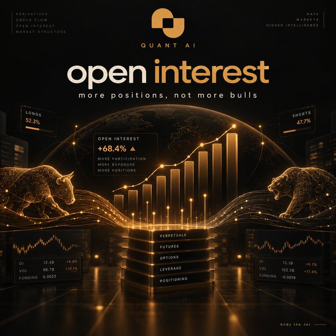 Dark financial data visualization titled 'open interest' by Quant AI, showing bullish/bearish imagery with gold glowing charts, longs at 52.3%, shorts at 47.7%, and open interest at +68.4%