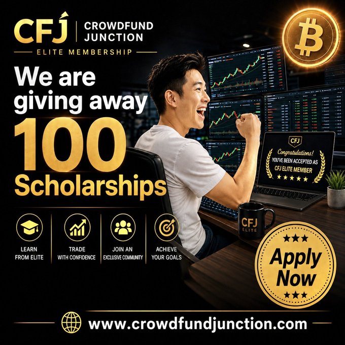 An advertisement for CFJ (Crowdfund Junction) Elite Membership offering 100 scholarships, featuring a man celebrating at a trading desk with multiple monitors, with the website www.crowdfundjunction.com.