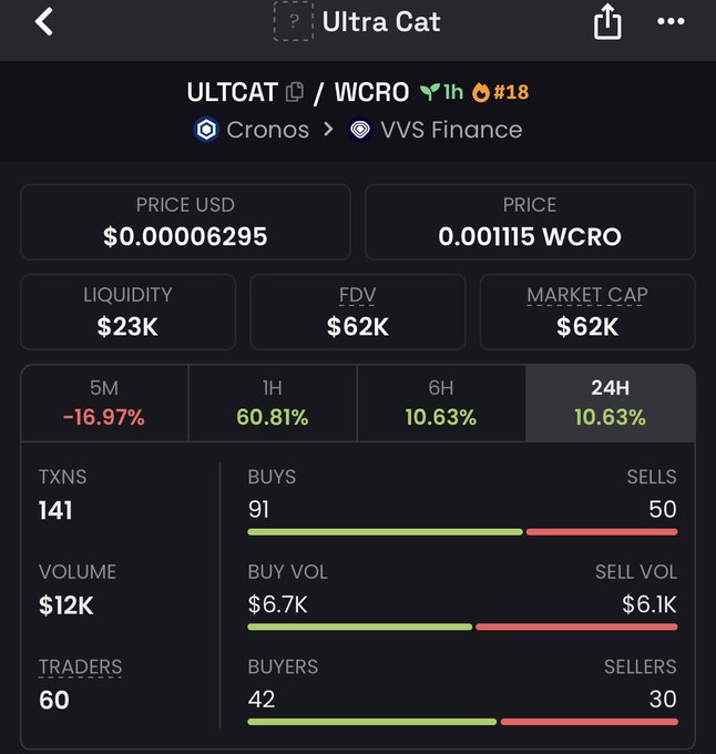 A cryptocurrency tracking screen showing Ultra Cat (ULTCAT) token priced at $0.00006295 / 0.001115 WCRO, with 60.81% gain in the past hour and 24H stats including 141 transactions.