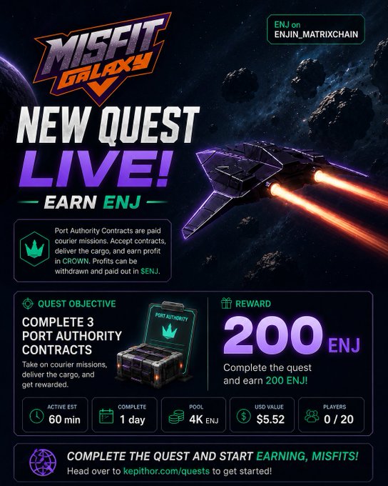 Promotional poster for 'Misfit Galaxy' announcing a new live quest on enjin_matrixchain offering 200 ENJ as a reward for completing 3 port authority contracts.