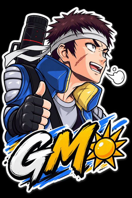 A gaming logo/mascot illustration featuring a young male character with a headband and backpack giving a thumbs-up, alongside the text "GMO" with a sun design.