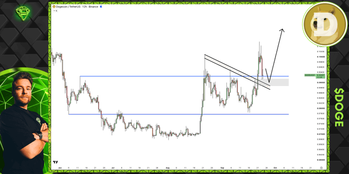 A TradingView chart of $DOGE/USDT on Binance's 12-hour timeframe shows the cryptocurrency breaking out of a descending channel (bull flag) and a broader consolidation range, with an upward black arrow drawn to the right indicating expected bullish continuation, alongside a presenter labeled with the Dogecoin ($DOGE) logo.