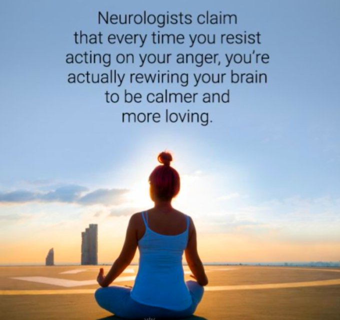 A motivational graphic featuring a woman meditating on a beach at sunset with text reading: 'Neurologists claim that every time you resist acting on your anger, you're actually rewiring your brain to be calmer and more loving.'
