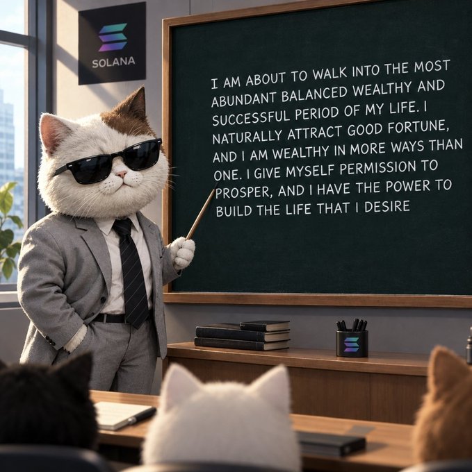 An AI-generated illustration of a white cat in a gray business suit and sunglasses standing before a chalkboard with a Solana logo, pointing to an affirmation about walking into an abundant and successful period of life.