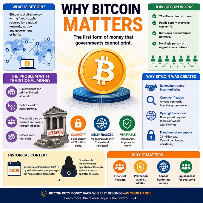 Infographic titled 'WHY BITCOIN MATTERS' explaining Bitcoin as digital money with a fixed supply of 21 million coins, decentralized, and created by Satoshi Nakamoto in 2009.