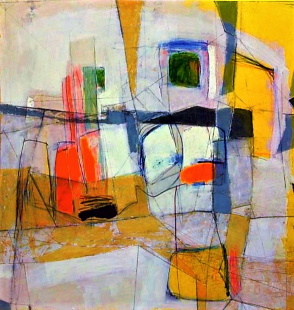 The image features a painting with abstract shapes, including lines and geometric forms. There are two distinct areas of interest within this artwork - one area has a yellow background, while the other has a blue background. The painting also includes a few red elements that add contrast to the overall composition. The artist's signature is placed in the bottom right corner of the image.
