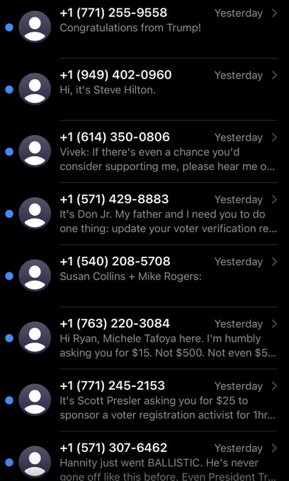 A smartphone screen displaying a list of missed voicemail messages from various US numbers, with previews mentioning political figures like Trump, Steve Hilton, and Vivek.