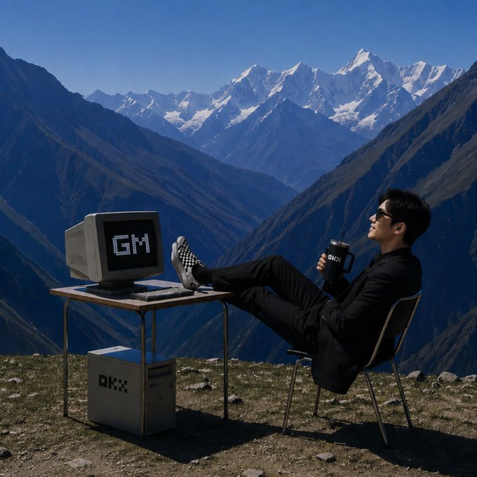 A surreal scene of a man in black clothing relaxing with his feet on a desk holding a vintage computer, set against a dramatic backdrop of snow-capped mountains, with 'GM' and 'OKX' logos visible.