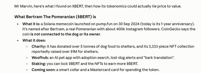 A text document explaining the Solana memecoin $BERT (Bertram The Pomeranian), noting it launched on pump.fun on September 30, 2024, with details about its charity work, Woofhub AI pet app, staking, and upcoming smart collar and Mastercard card.