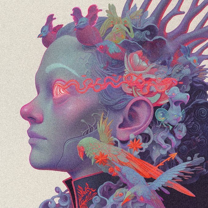 A surreal, colorful illustration depicts a woman's profile with birds, flowers, and coral-like structures emerging from her head, while a glowing red energy beam shoots from her eye.