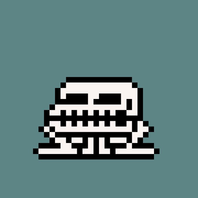 A pixel-art illustration of a skull with a wide, toothy grin set against a solid teal background. The retro 8-bit style matches the "CrypToadz" NFT theme referenced in the post, representing one of the 7,015 toads in the collection.