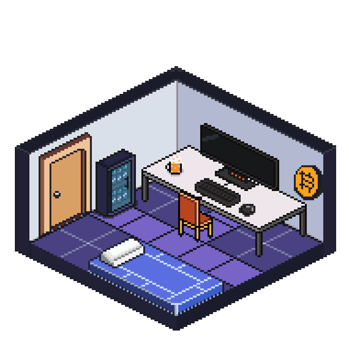 An isometric pixel art illustration of a simple bedroom containing a bed, desk with monitor, chair, bookshelf, and a Bitcoin logo on the wall.
