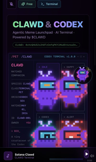 A mobile interface for 'CLAWD & CODEX' showing an Agentic Meme Launchpad and AI Terminal powered by $CLAWD, featuring pixelated crab characters in various states (IDLE, HAPPY, CODEX, ALERT).