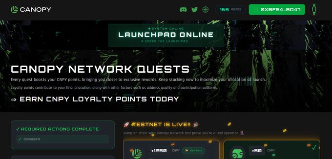A screenshot of the Canopy Network website displays a "Launchpad Online" header and a "Canopy Network Quests" section promoting CNPY loyalty points, alongside a "Testnet is Live!" banner offering a +50 CNPY reward and a required task to connect a wallet. The accompanying post highlights that the $CNPY Network has secured $8.5M in financing to build infrastructure as the ecosystem grows with new chains launching and builders shipping ideas.