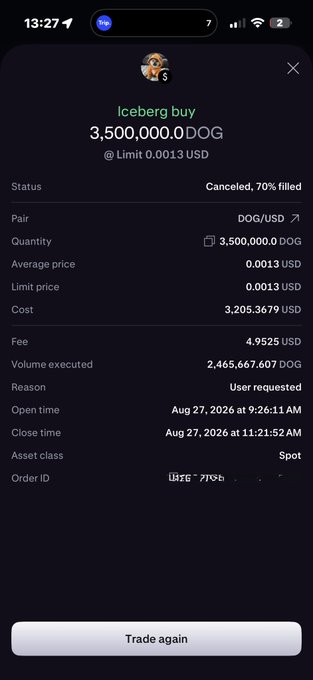 A mobile screenshot showing a canceled limit buy order for 3,500,000 DOG on the DOG/USD pair at 0.0013 USD, with 70% filled and a reason of 'User requested.'