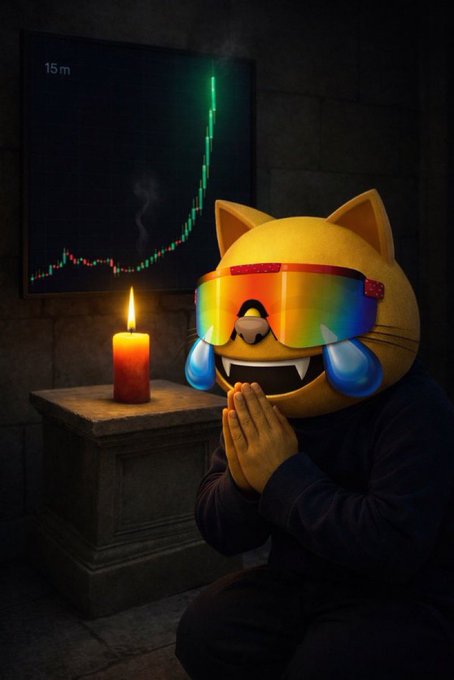 A digital illustration of an orange cat-like emoji character with rainbow ski goggles and fangs, sitting in a praying pose before a lit red candle, with a green trading chart glowing on the wall behind it.