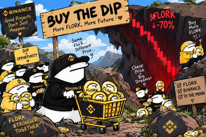 A Binance-themed 'Buy the Dip' cartoon illustration featuring penguin characters in a mining setting, with signs promoting 'FLORK', '$FLORK ↓-70%', and 'Cheap Price Big Dreams'.