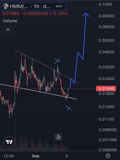 A 1-hour TradingView chart of ticker HMM shows a breakout above a descending trendline (marked with a dotted white line) at the $0.01986 price level, with a hand-drawn blue arrow projecting a sharp upward move to roughly $0.08, visually illustrating the "Billions will think" sentiment about a potential bullish rally.