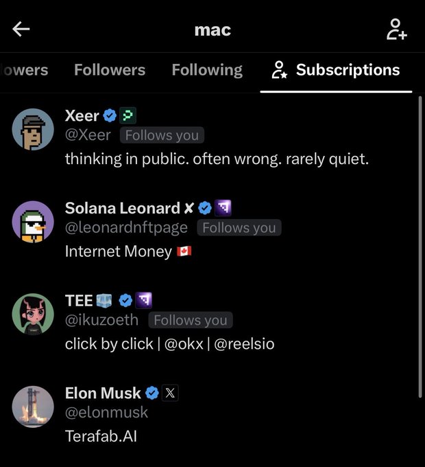 A Twitter/X profile subscriptions list for user 'mac' shows followed accounts including Xeer (@Xeer), Solana Leonard (@leonardnftpage), TEE (@ikuzoeth), and Elon Musk (@elonmusk).