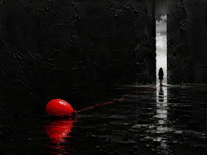 A dark, moody artwork showing a small silhouetted figure standing in a doorway, connected by a red string to a red balloon in the foreground, reflected on a wet floor.