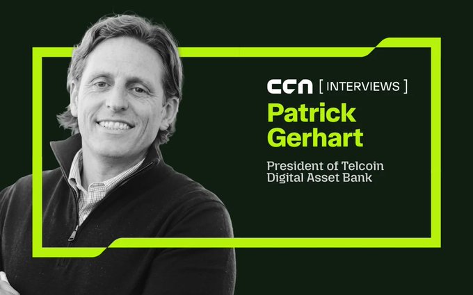 The image features a black-and-white portrait of Patrick Gerhart, President of Telcoin Digital Asset Bank, set against a dark background with a bright green border and the "CCN Interviews" logo. The accompanying post promotes the $TEL ticker and highlights Gerhart's article on leveraging community banks with regulated stablecoin infrastructure.