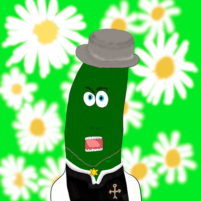 A cartoon pickle character wearing a gray bucket hat, white shirt, and gold Star of David necklace stands against a bright green background covered in daisies.