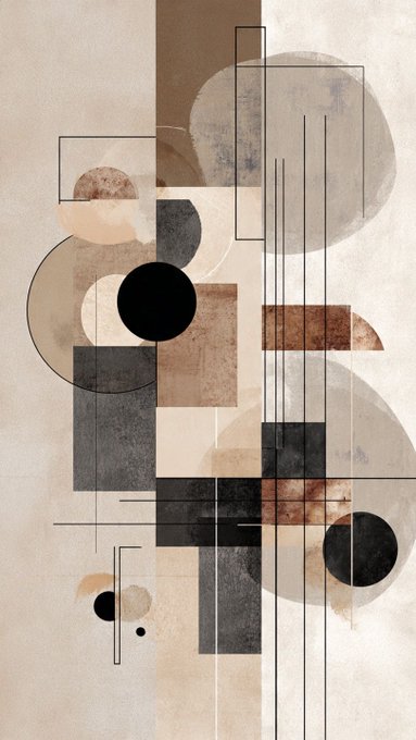 An abstract geometric composition featuring overlapping circles, rectangles, and thin lines in muted earth tones of beige, brown, black, and gray.