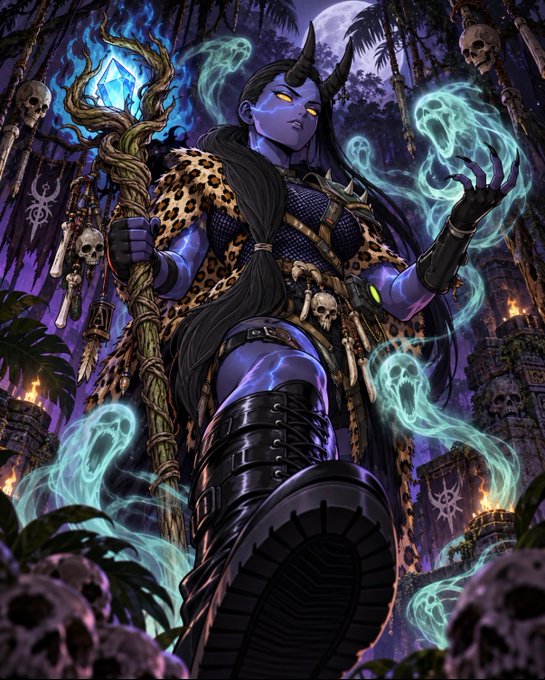 A fantasy illustration of a purple-skinned, horned demon warrior wearing leopard print, holding a glowing blue crystal staff, surrounded by spectral green ghosts and skulls in a jungle temple setting.