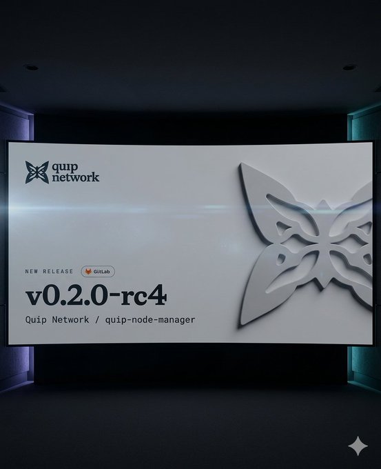 The image depicts a movie theater screen with an advertisement from Quip Network promoting version 2.0-RC4 software, specifically highlighting its simplification of deployment for web 3.0 environments. The software is being used as a virtual machine manager that allows operators and builders to deploy applications in a more streamlined manner.